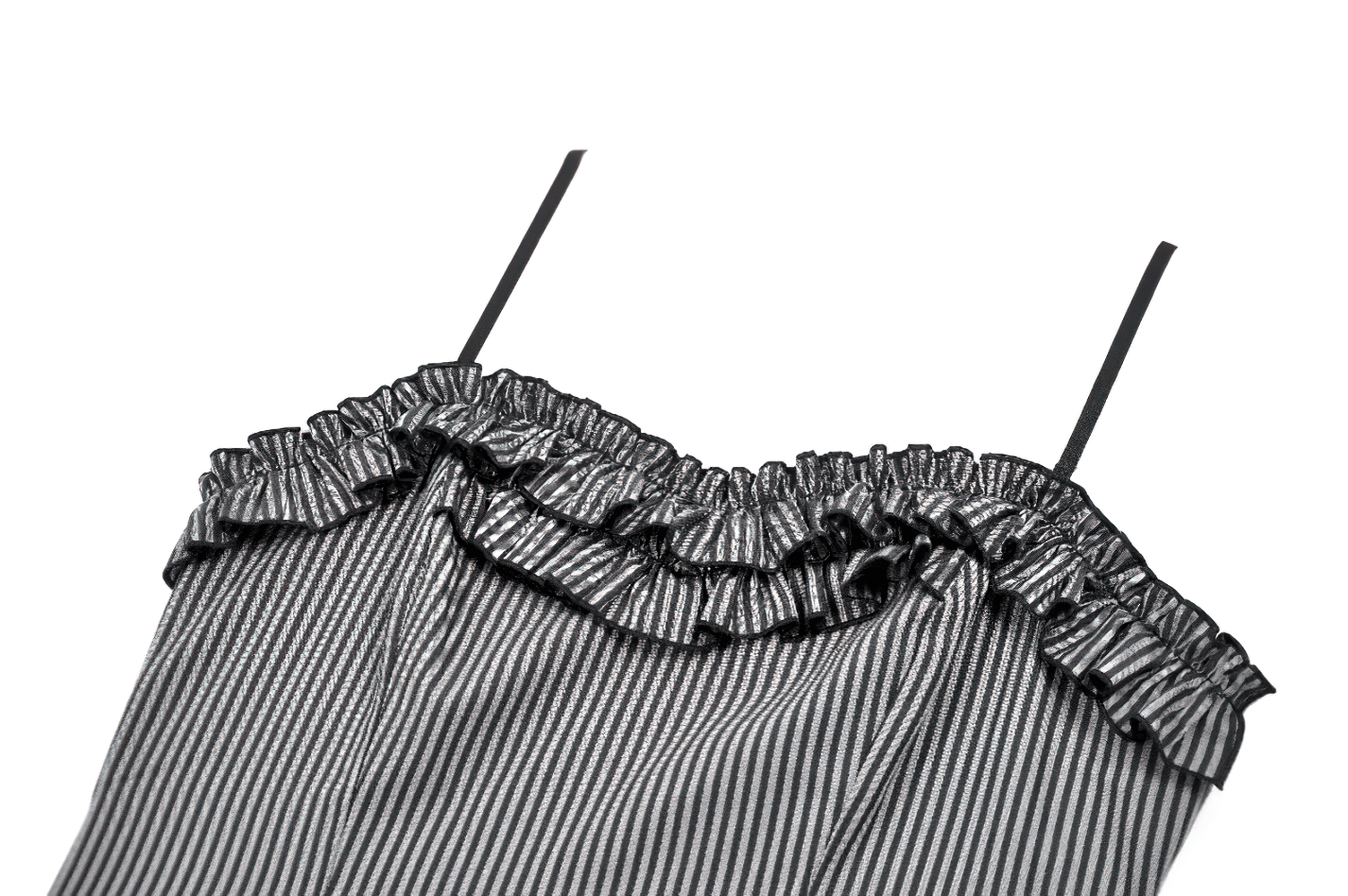 Fashion Pinstripe Ruffle Dress with Lace Hem and Belt - close-up of ruffled neckline and spaghetti straps.