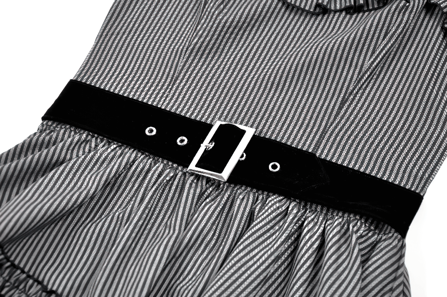 Fashion Pinstripe Ruffle Dress with Lace Hem and Belt featuring black buckle belt and pinstripe fabric.