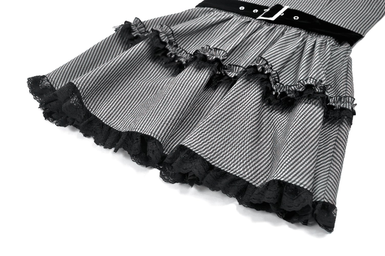 Fashion Pinstripe Ruffle Dress with Lace Hem and Belt showcases ruffled skirt with lace trim and wide belt detail.