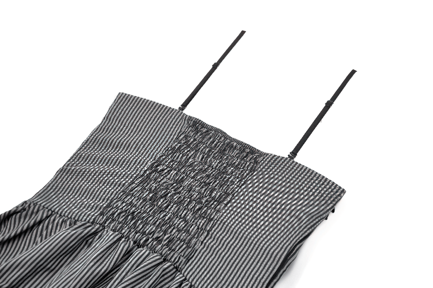 Fashion Pinstripe Ruffle Dress with Lace Hem and Belt, featuring smocked back and adjustable straps.