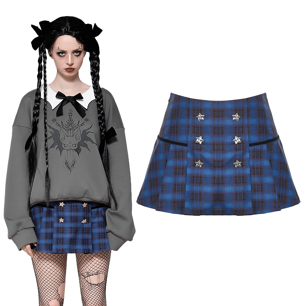 Fashion plaid mini skirt with star-studded buttons, gothic style perfect for edgy outfits and layering.