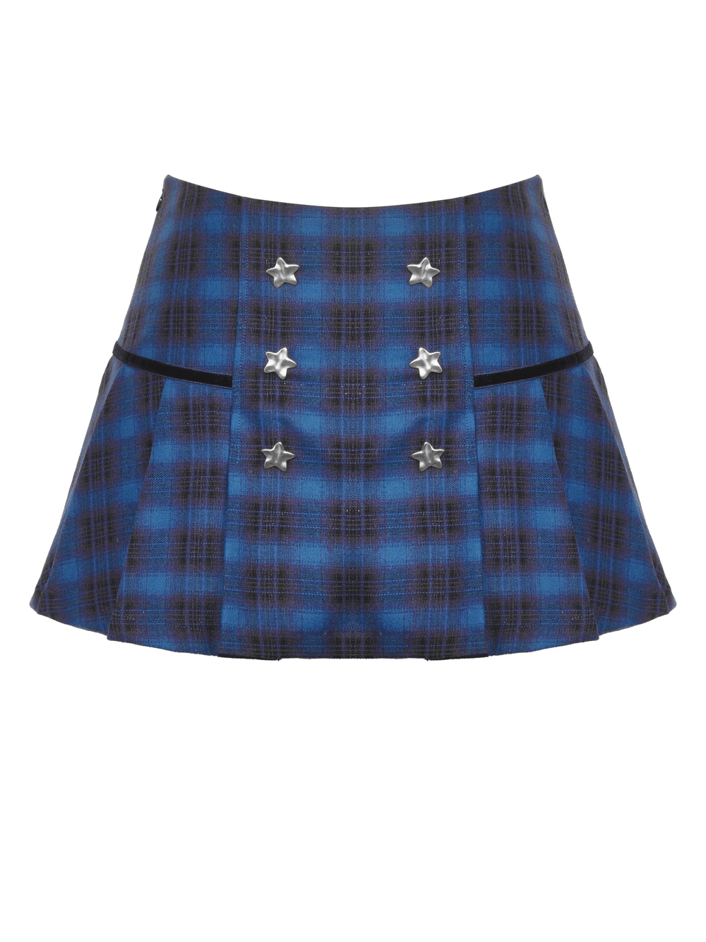 Fashion plaid mini skirt in blue and black with star-studded button accents and classic pleated design.