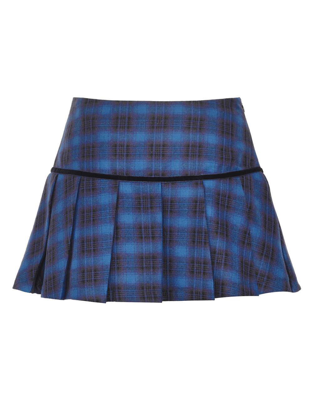 Fashion plaid mini skirt in blue and black with pleated design and star studded accents for a gothic look.