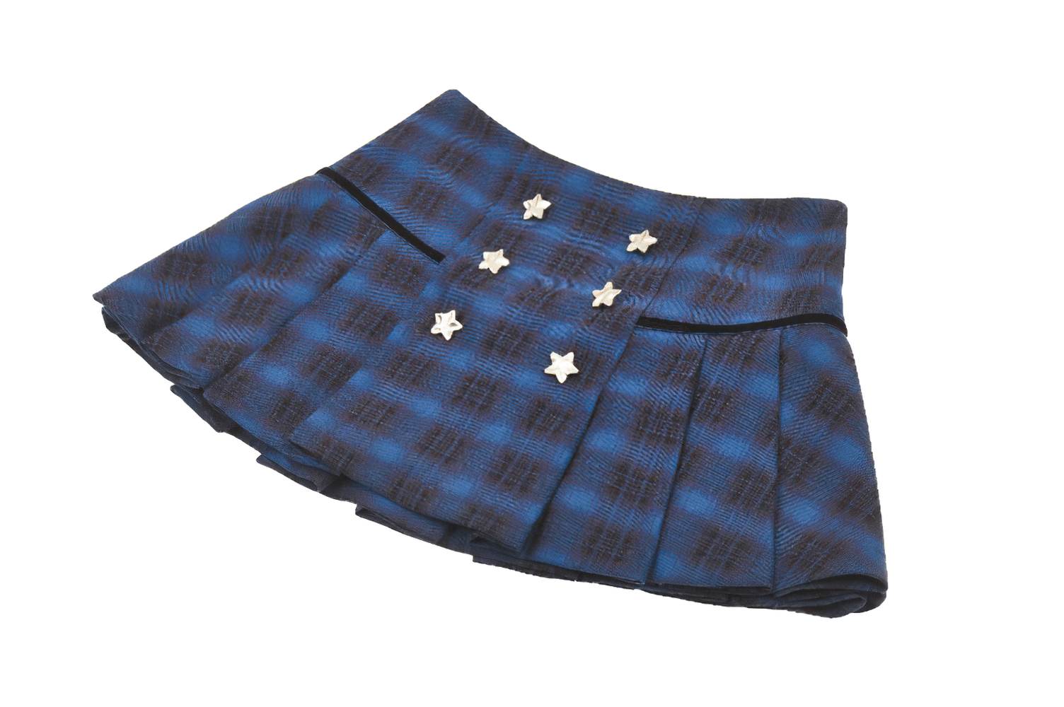 Fashion plaid mini skirt in blue and black with star studded button accents, featuring a classic pleated design.