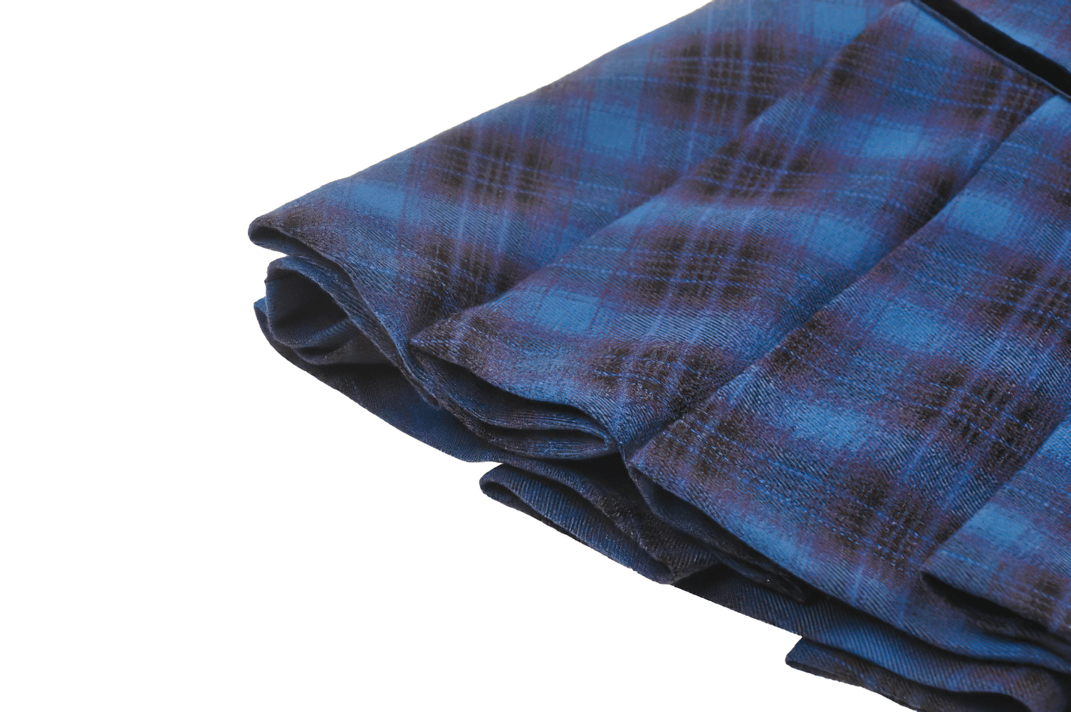 Close-up of the blue and black plaid fabric of a mini skirt, showcasing its pleated design and gothic flair.