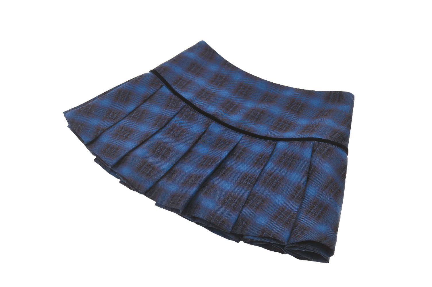 Fashion plaid mini skirt in blue and black with pleated design and star-button accents for a gothic touch.