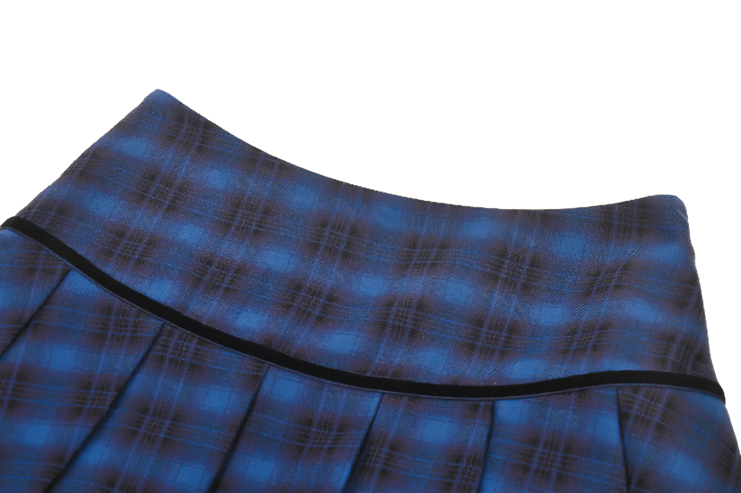 Blue and black plaid mini skirt highlighting pleated design and classic silhouette for a chic alternative wardrobe.