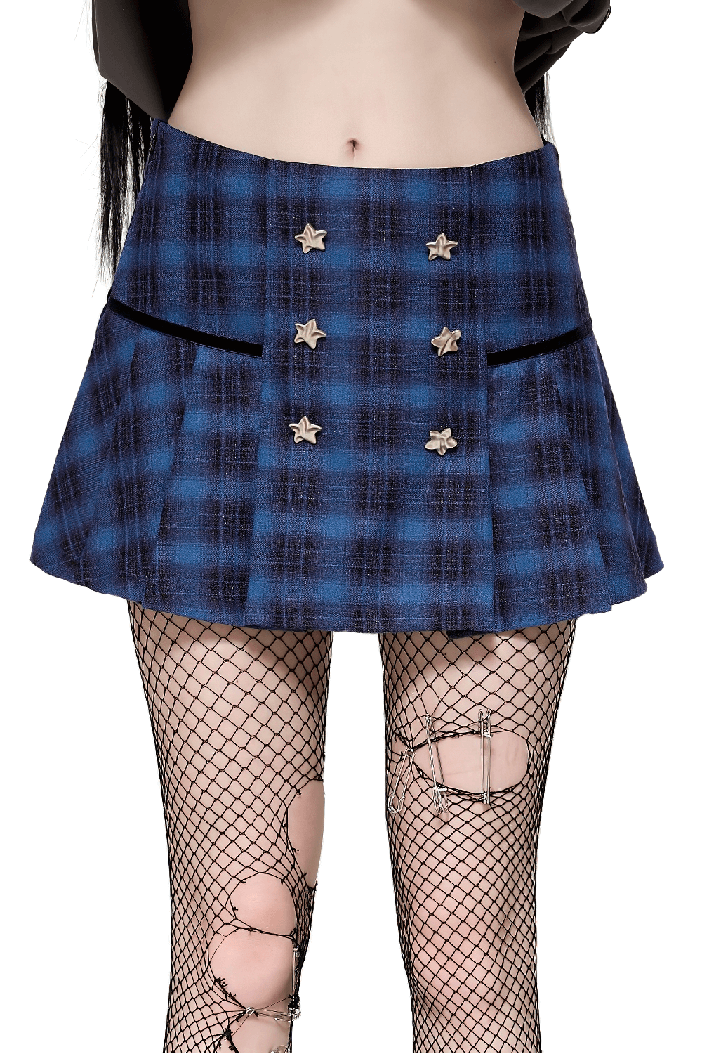 Fashion plaid mini skirt in blue and black with star studded button accents and gothic flair, paired with fishnet tights.