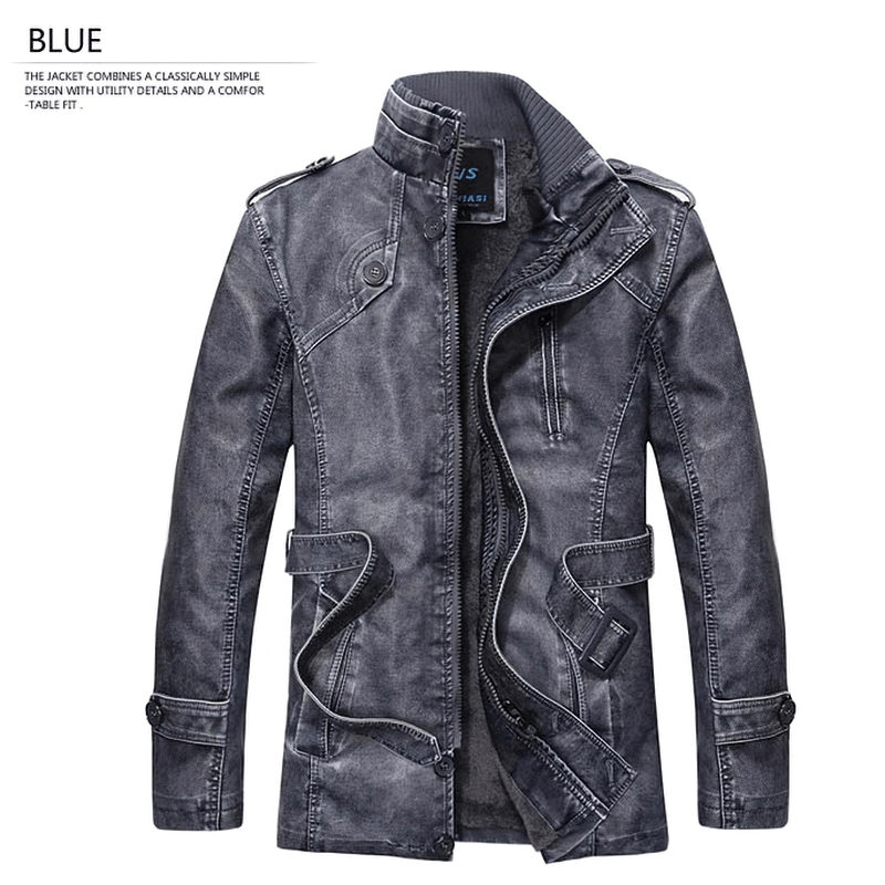 Men's PU leather jacket in blue, featuring utility details and a comfortable fit, perfect for casual streetwear.