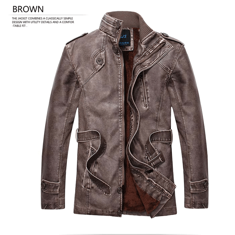 Stylish brown men's PU leather jacket with waist belt and unique design, perfect for casual streetwear.
