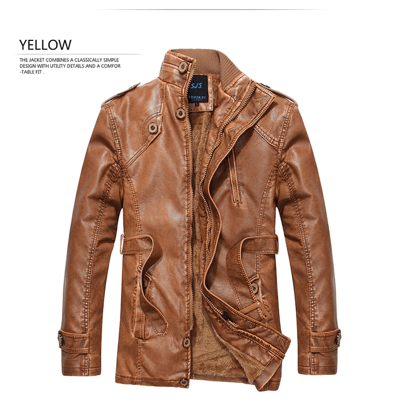 Stylish men's PU leather jacket in a rich yellow color, featuring a casual design and utility details with a comfortable fit.