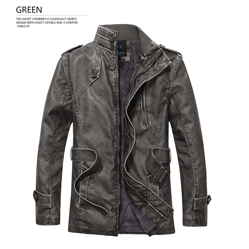 Men's stylish green PU leather jacket with belt, featuring classic design and utility details. Perfect for casual streetwear.