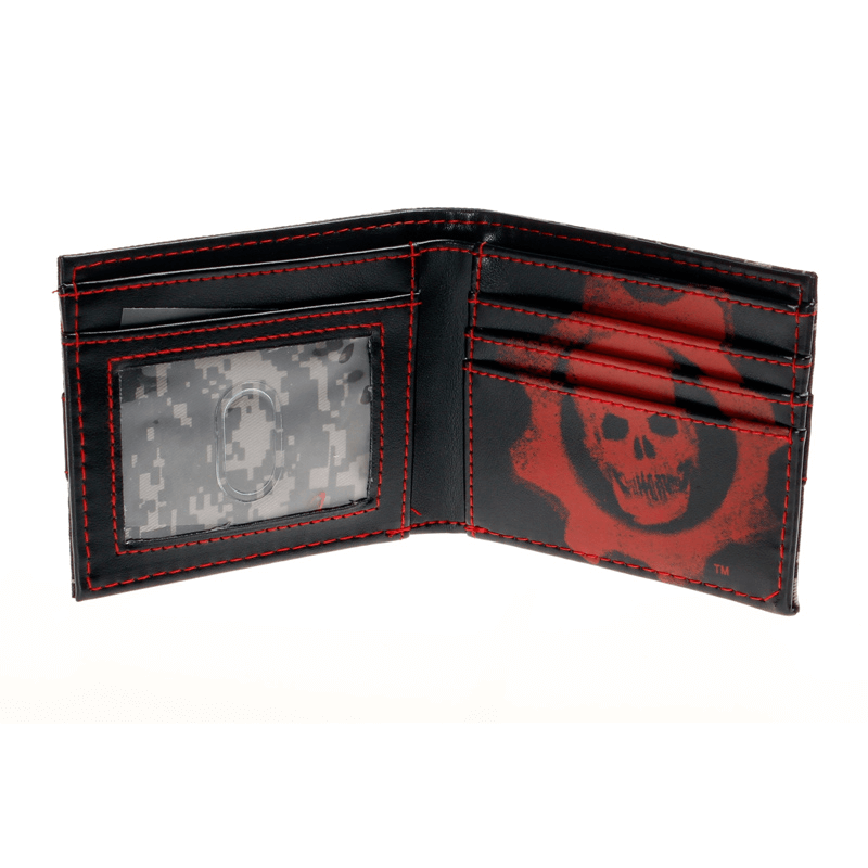 Gothic-style PU leather wallet interior with red accent, skull logo, and card slots for men and women.