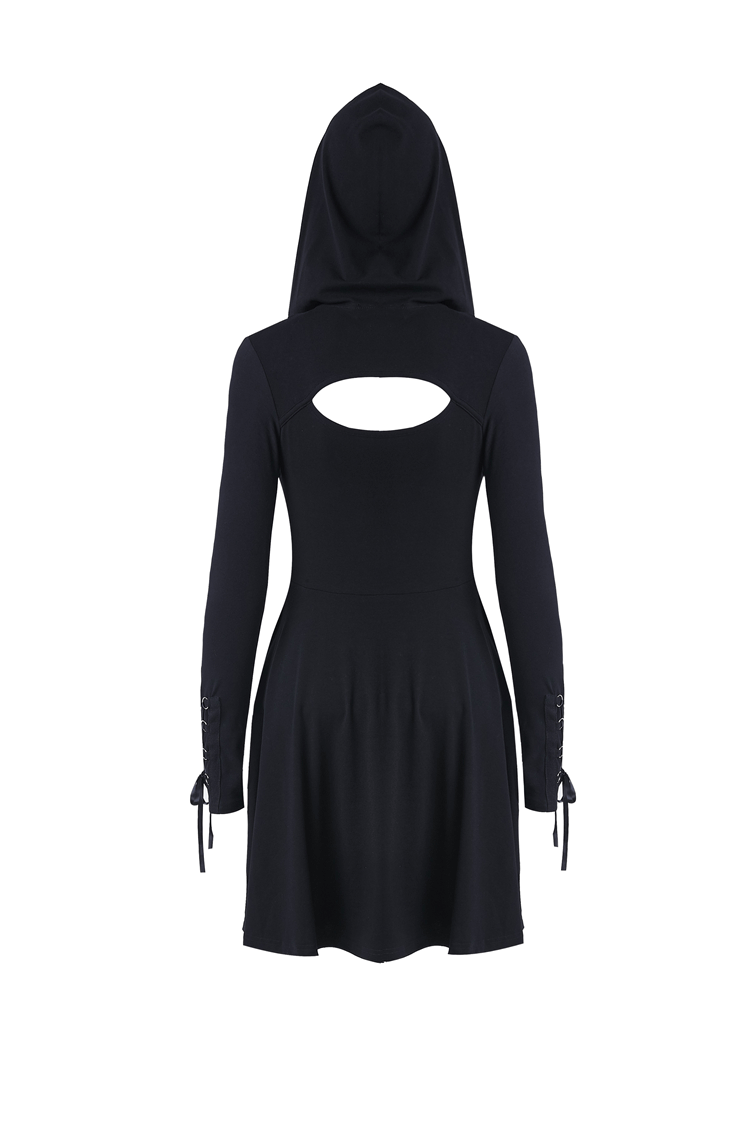 Fashion Punk Black Hooded Dress with Lace-Up Sleeves