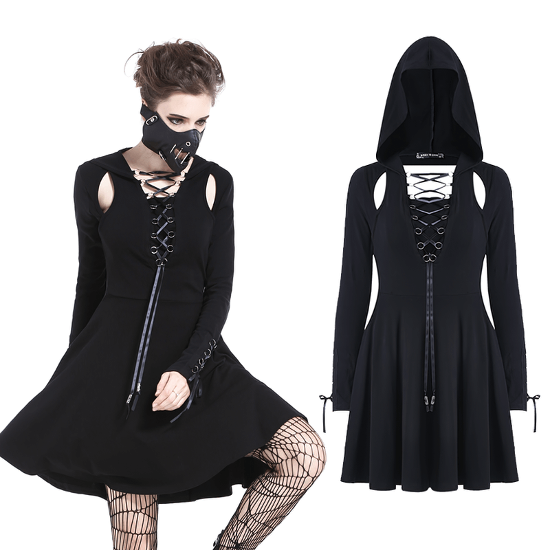 Fashion Punk Black Hooded Dress with Lace-Up Sleeves