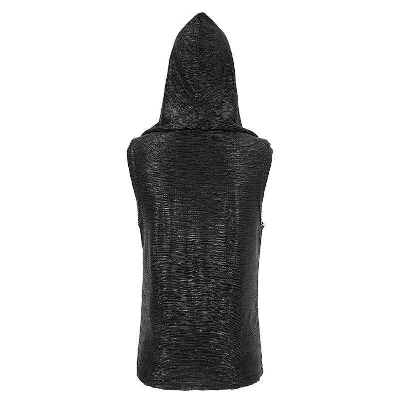 Men's punk hooded tank top, gothic style, black mesh fabric, back view showcasing unique lace-up detail.
