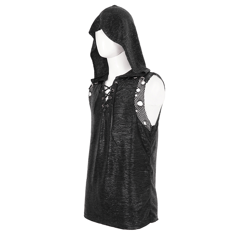 Fashion punk hooded tank top for men with lace-up and mesh details, perfect for a gothic style.