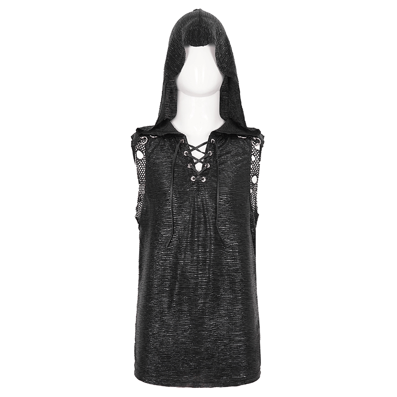 Fashion punk hooded tank top for men with lace-up and mesh details in gothic style.