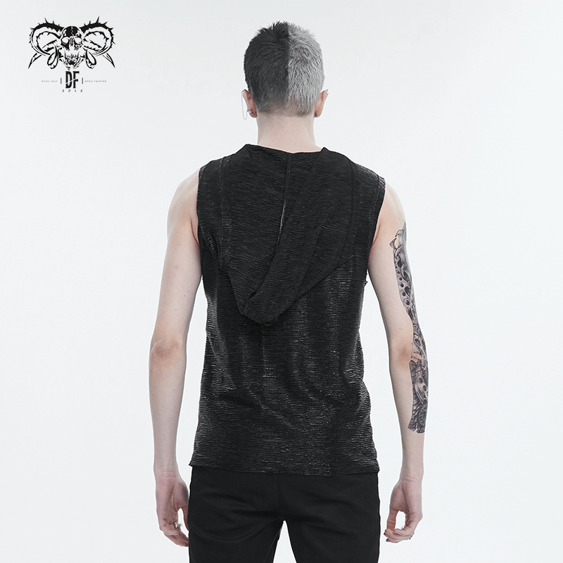 Men's punk hooded tank top in black with lace-up detail and mesh back, showcasing a rebellious gothic style.