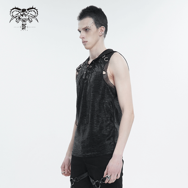 Punk gothic hooded tank top for men featuring lace-up front and mesh details, designed for the rebellious spirit.