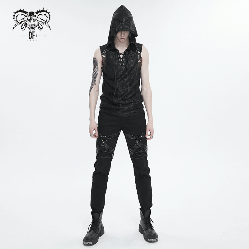 Punk gothic hooded tank top for men with lace-up detail and mesh accents, exuding rebellious style.