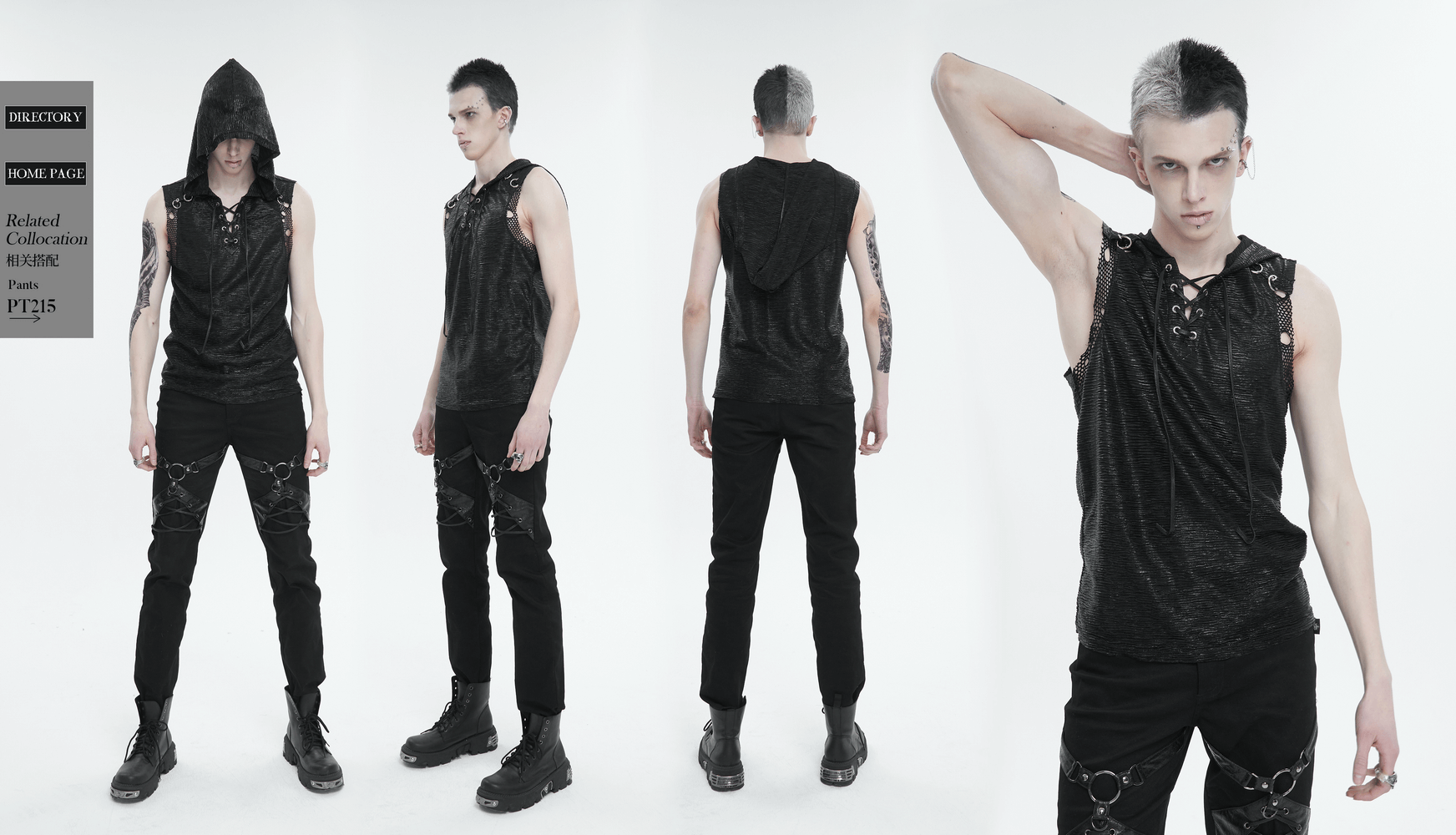 Fashion punk hooded tank top for men featuring a gothic V-neck collar and lace-up front in a rebellious style.