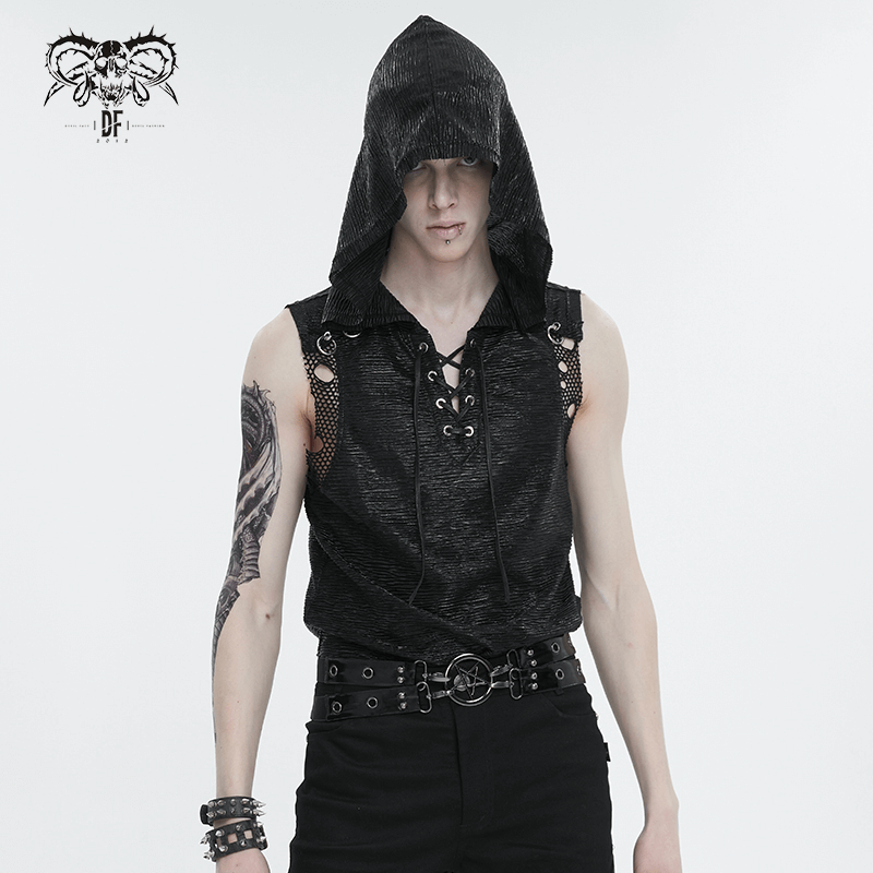 Fashion Punk Hooded Tank Top for Men / Gothic V-neck Collar Tank with Lace-up and Mesh - HARD'N'HEAVY