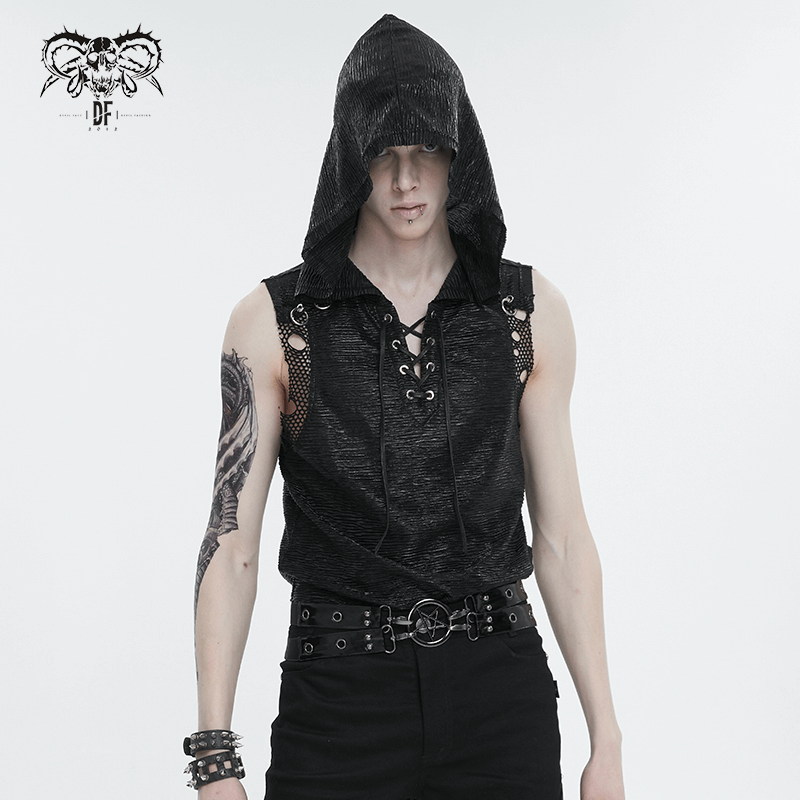 Punk hooded tank top for men featuring a lace-up front and mesh details, perfect for a gothic vibe.