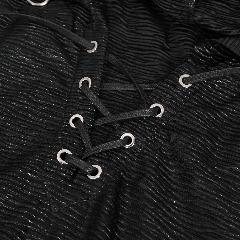 Close-up of the lace-up detail on a black gothic punk hooded tank top for men.