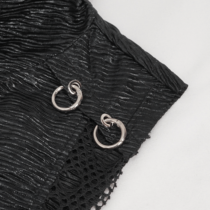Close-up of black punk hooded tank top detailing with lace-up front and metallic rings, showcasing gothic style.