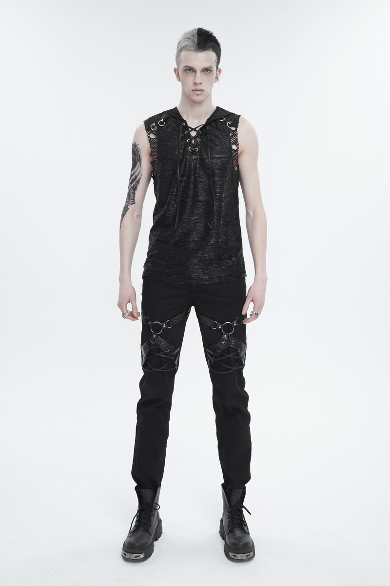 Fashion Punk Hooded Tank Top for Men / Gothic V-neck Collar Tank with Lace-up and Mesh - HARD'N'HEAVY
