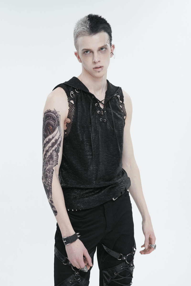 Fashion punk hooded tank top for men with lace-up front and mesh, ideal for a gothic-inspired look.