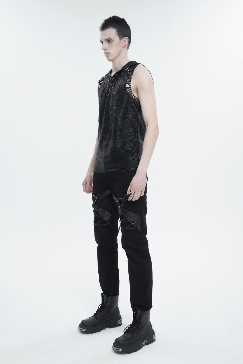 Punk hooded tank top for men, featuring lace-up detail and mesh fabric, paired with black chains and boots.