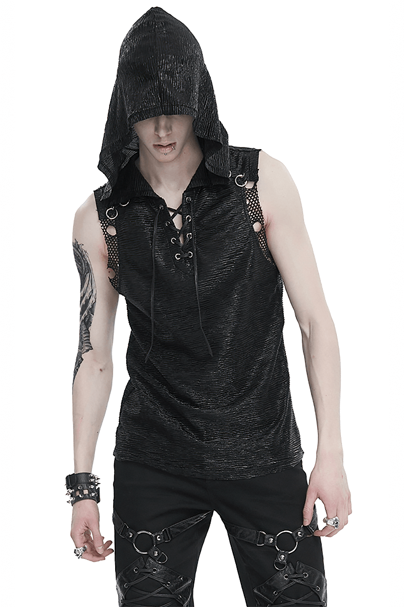 Men's punk hooded tank top with lace-up front and mesh details, embodying gothic style fashion.
