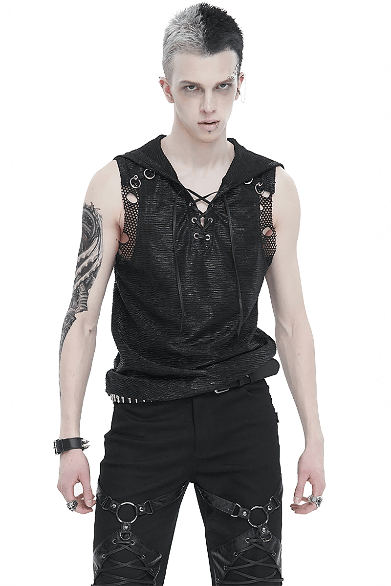 Gothic punk men's hooded tank top with lace-up front and mesh details, perfect for rebellious fashion styling.