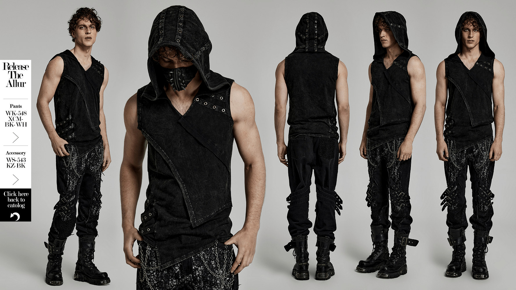 Fashion Punk Rave Men's Elio Distressed Hooded Vest with eyelets and asymmetrical design.
