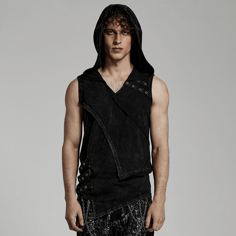 Punk Rave Men's Elio Distressed Hooded Vest with eyelets and unique asymmetrical design.