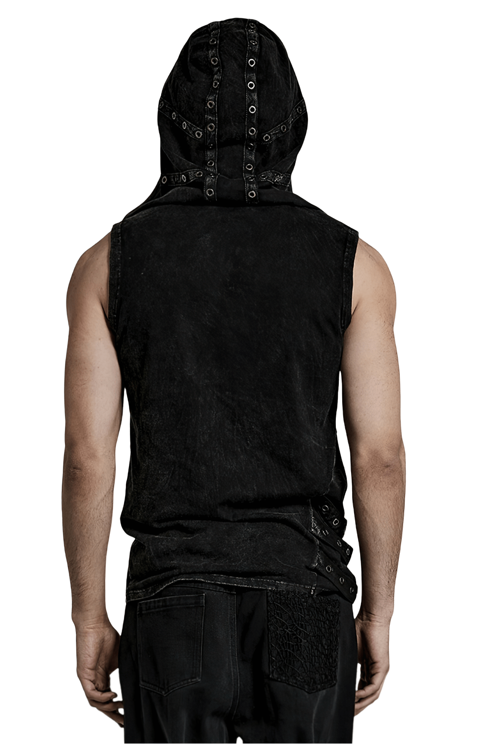 Back view of Fashion Punk Rave men's Elio distressed hooded vest with eyelets and unique asymmetrical design.