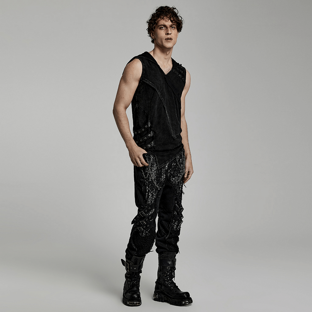 Model wearing a Fashion Punk Rave Men's Elio Distressed Hooded Vest with edgy details and black pants.