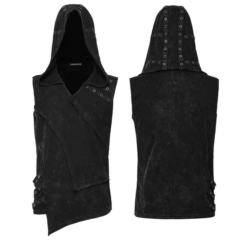 Fashion Punk Rave men's hooded vest with distressed design and eyelet details, perfect for a rockstar look.