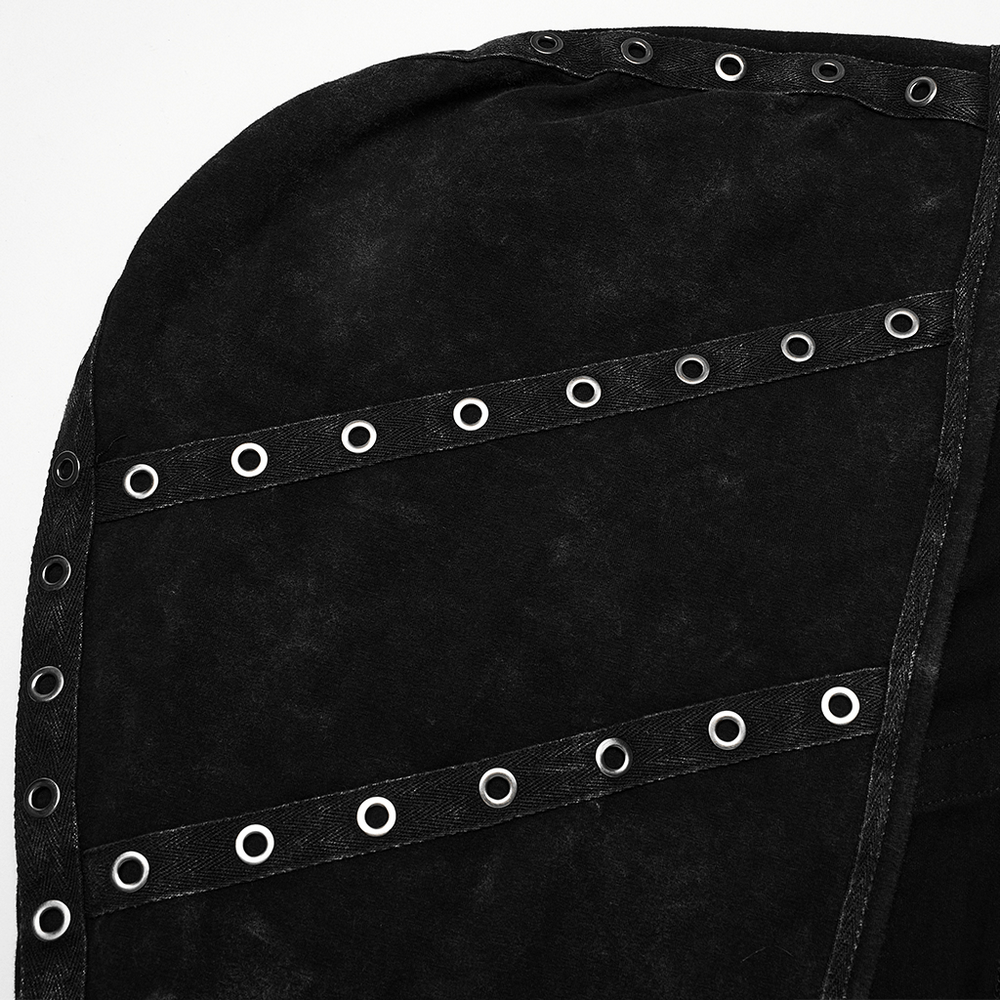 Detail shot of a black distressed hooded vest featuring eyelet ribbons for a punk-inspired look.