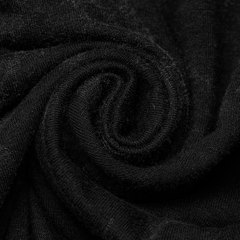Close-up of soft black knit fabric showcasing a twirled texture, ideal for edgy punk fashion clothing.