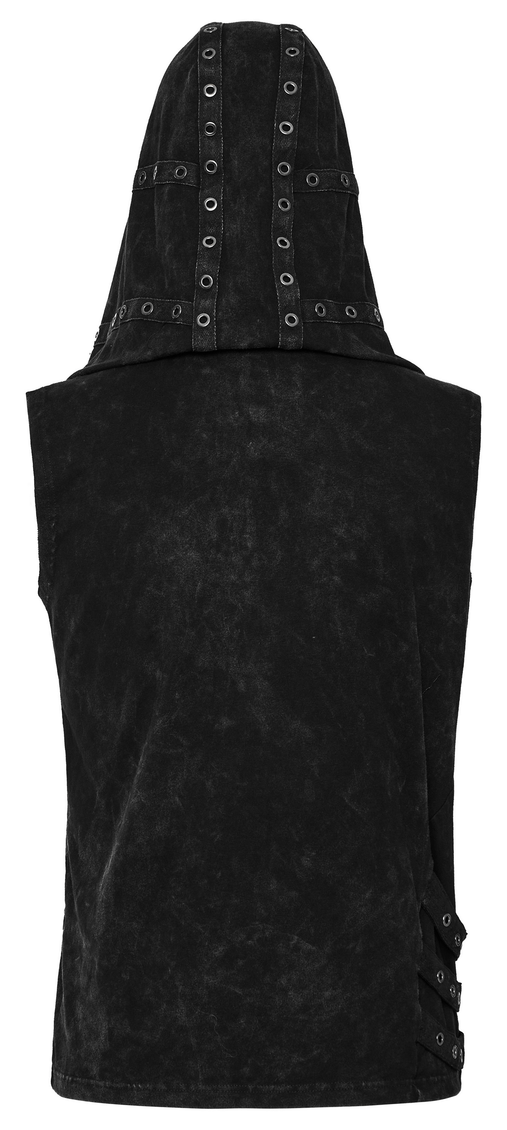 Back view of Fashion Punk Rave Men's Elio Distressed Hooded Vest showcasing eyelet details and unique asymmetrical design.