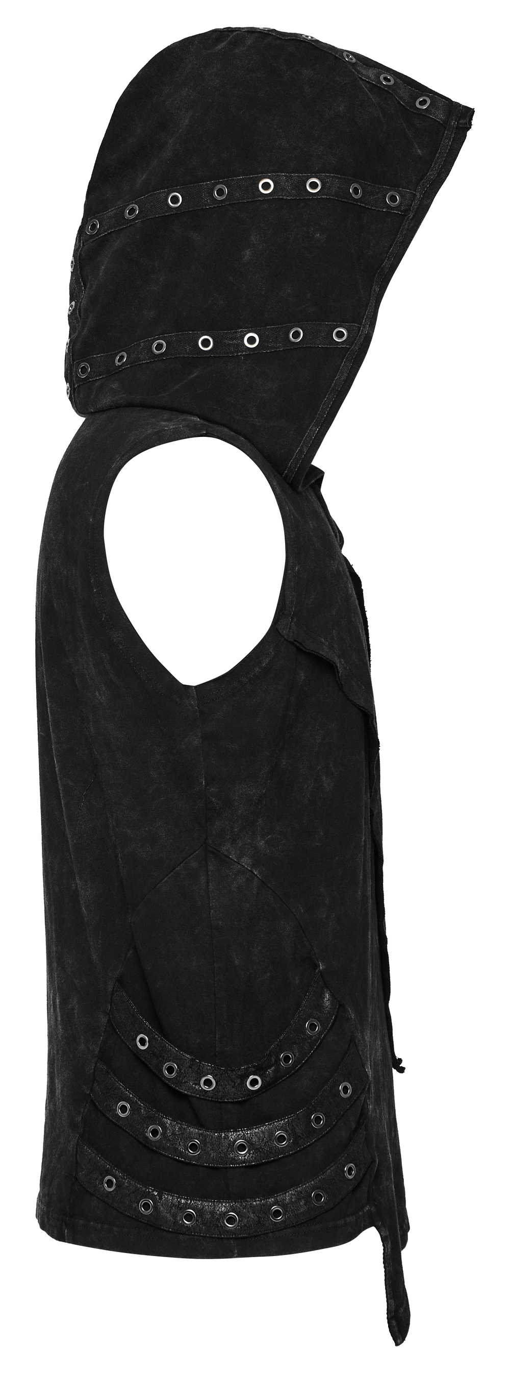 Punk Rave Men’s Elio Distressed Hooded Vest featuring eyelet detailing and asymmetrical design.