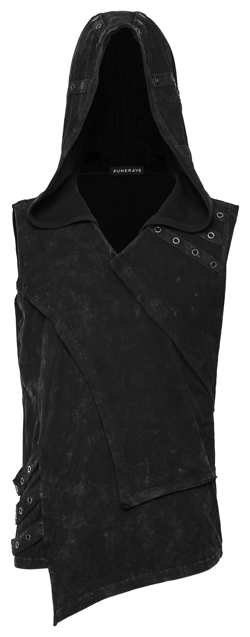 Fashion Punk Rave Men's Elio Distressed Hooded Vest with eyelets and asymmetrical design for an edgy look.