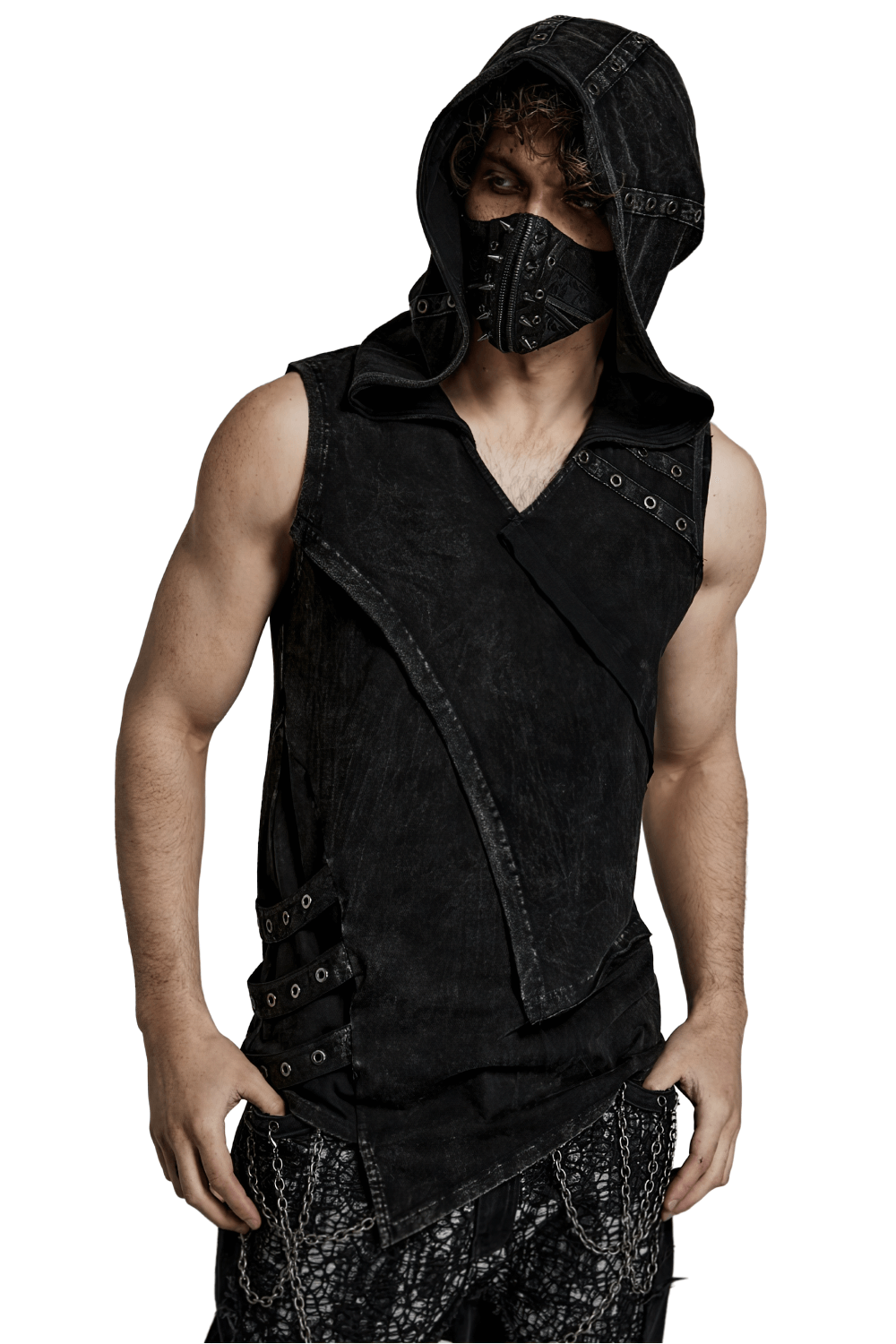 Model wearing Fashion Punk Rave Men's Elio Distressed Hooded Vest with eyelet details and asymmetrical design.