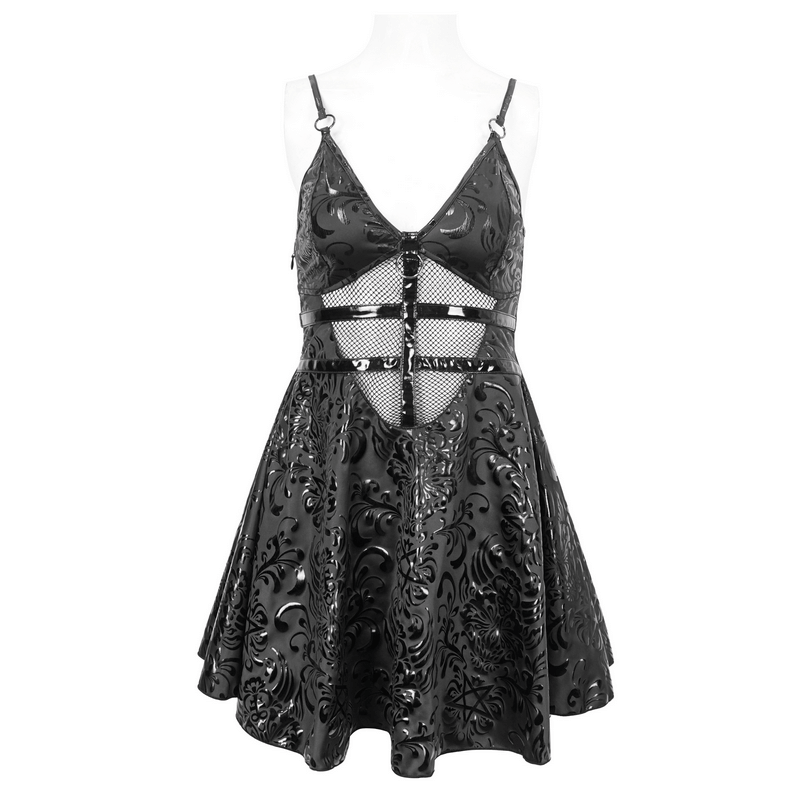 Fashion punk V-neck short dress with lace-up back and striking hollow-out detailing, perfect for bold style.