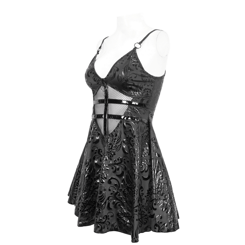 Fashion punk black V-neck short dress with lace-up back and striking hollow-out pattern.