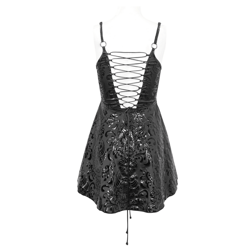 Punk V-neck short dress with lace-up back and stylish hollow-out pattern in shiny black fabric.