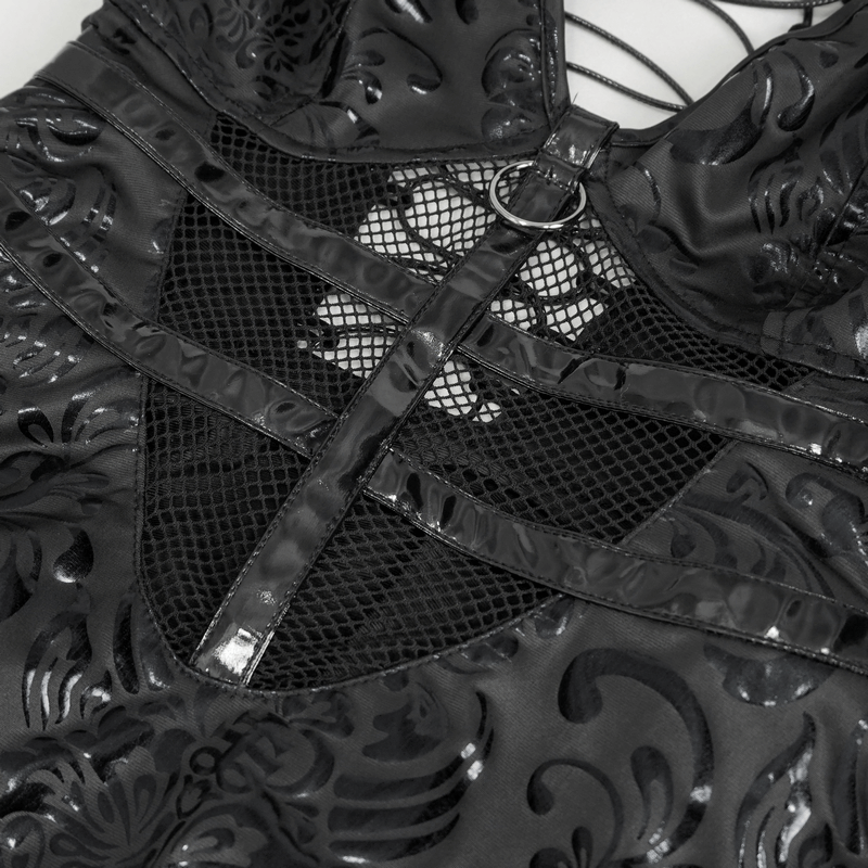 Close-up of women's punk lace-up dress featuring intricate hollow-out pattern and edgy detailing.